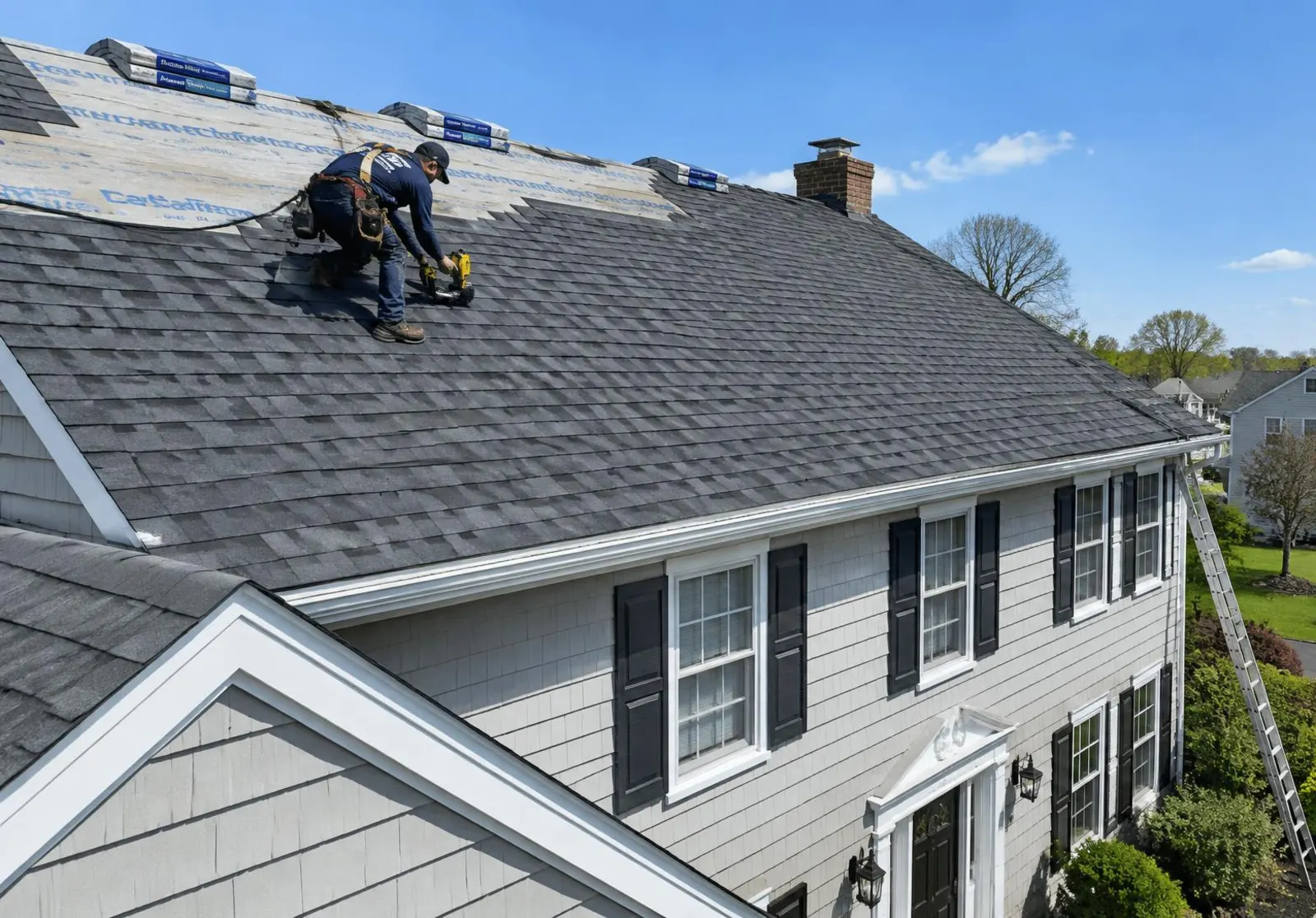 Roofer installing dark architectural asphalt shingles on a two-story Long Island colonial home