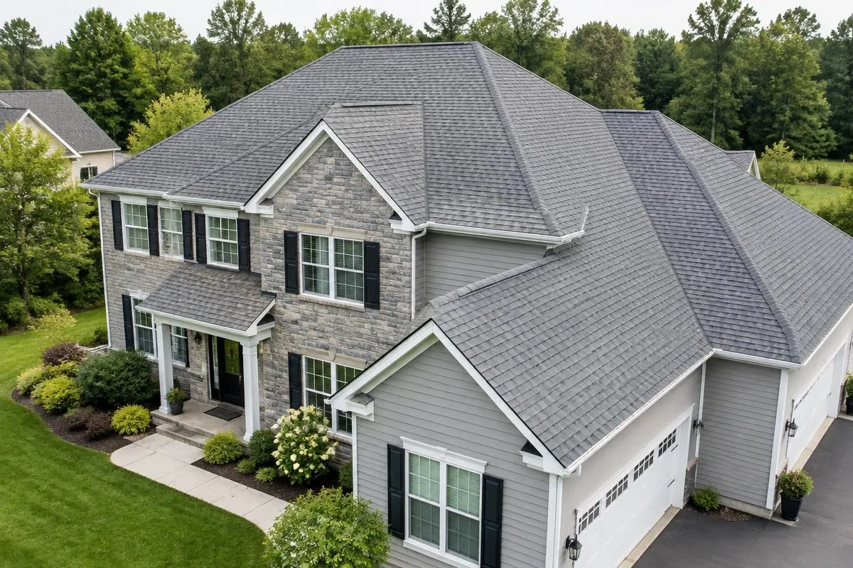 Newly installed gray architectural shingle roof on a large suburban stone and siding home